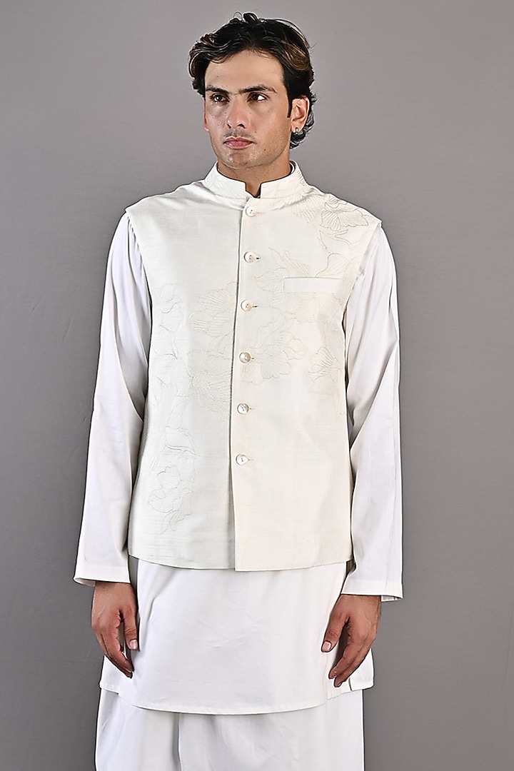 Off-White Dupion Silk Abstract Embroidered Nehru Jacket Set by Bohame Men at Pernia's Pop Up Shop
