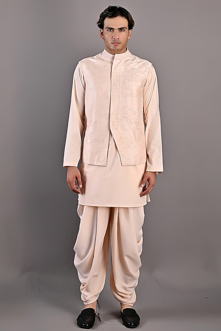 Peach Dupion Silk Embroidered Nehru Jacket Set by Bohame Men at Pernia's Pop Up Shop