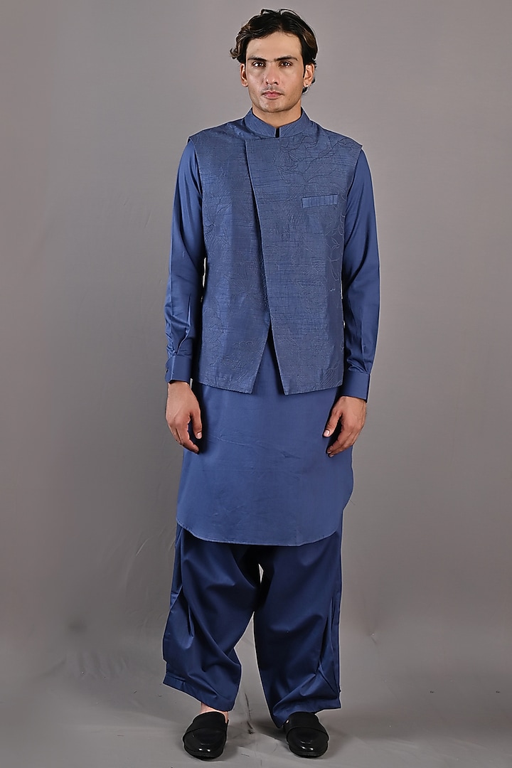 Blue Dupion Silk Abstract Embroidered Nehru Jacket Set by Bohame Men at Pernia's Pop Up Shop