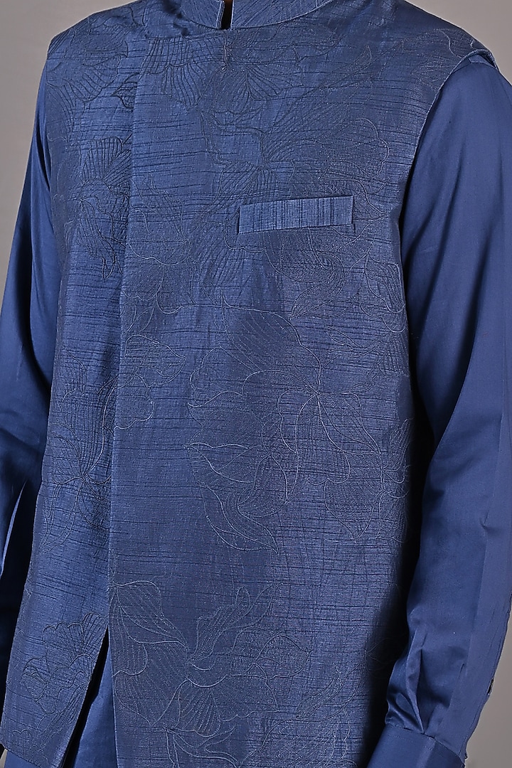 Blue Dupion Silk Abstract Embroidered Nehru Jacket Set by Bohame Men at Pernia's Pop Up Shop