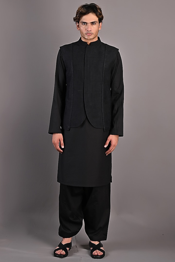 Black Dupion Silk Embroidered Nehru Jacket Set by Bohame Men at Pernia's Pop Up Shop
