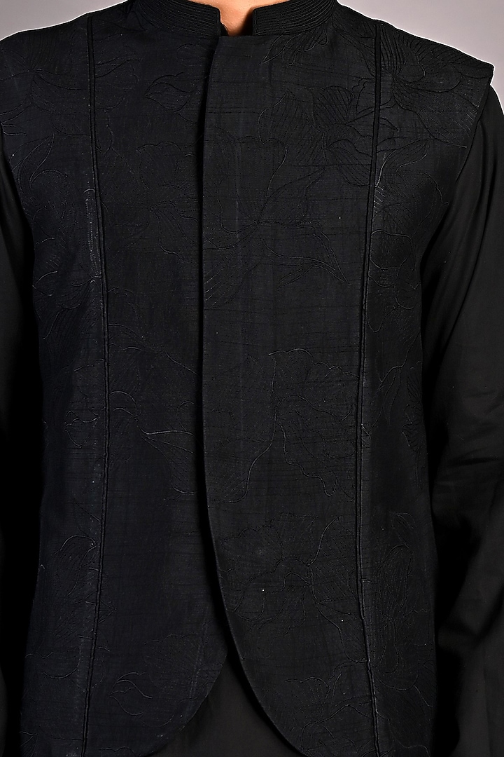 Black Dupion Silk Embroidered Nehru Jacket Set by Bohame Men at Pernia's Pop Up Shop