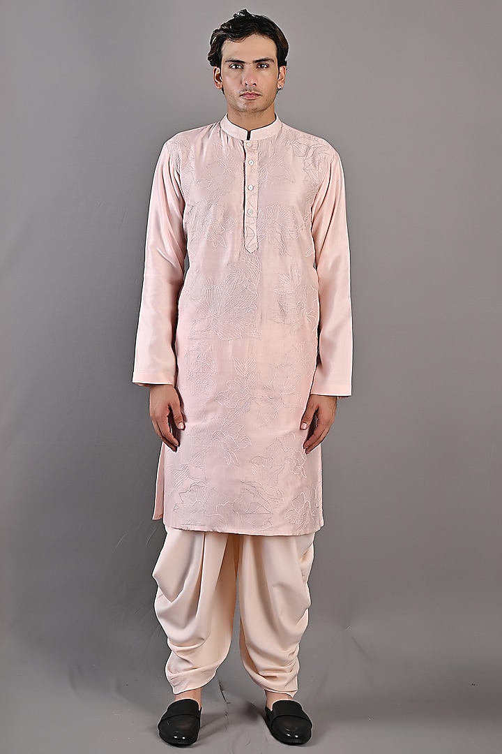 Peach Chanderi Silk Kurta Set by Bohame Men