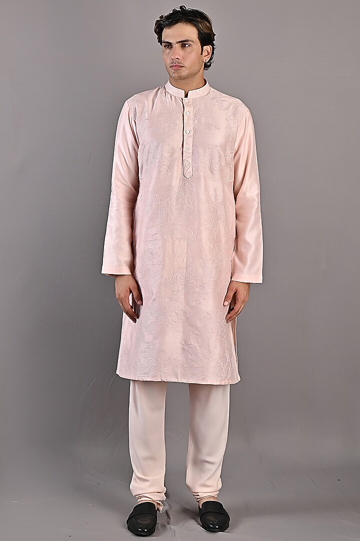 Peach Chanderi Kurta Set by Bohame Men at Pernia's Pop Up Shop