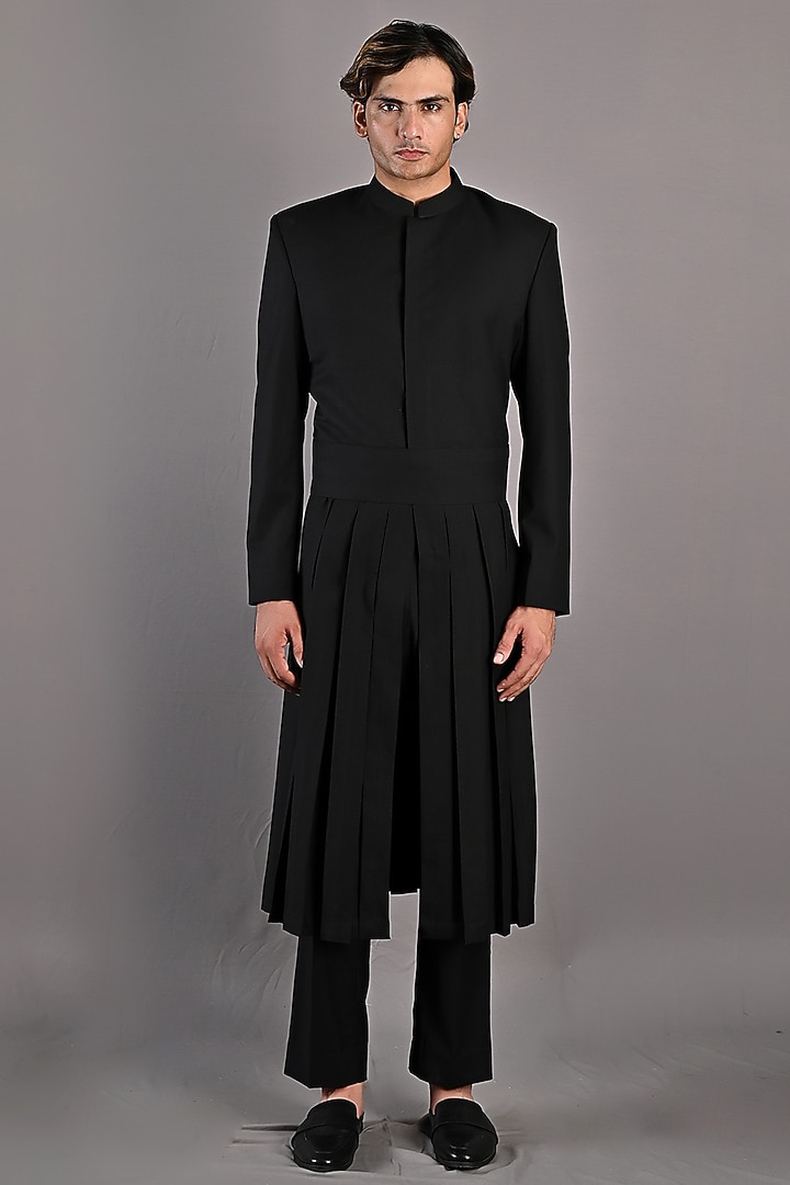 Black Terry Wool Indo Western Jacket Set by Bohame Men at Pernia's Pop Up Shop