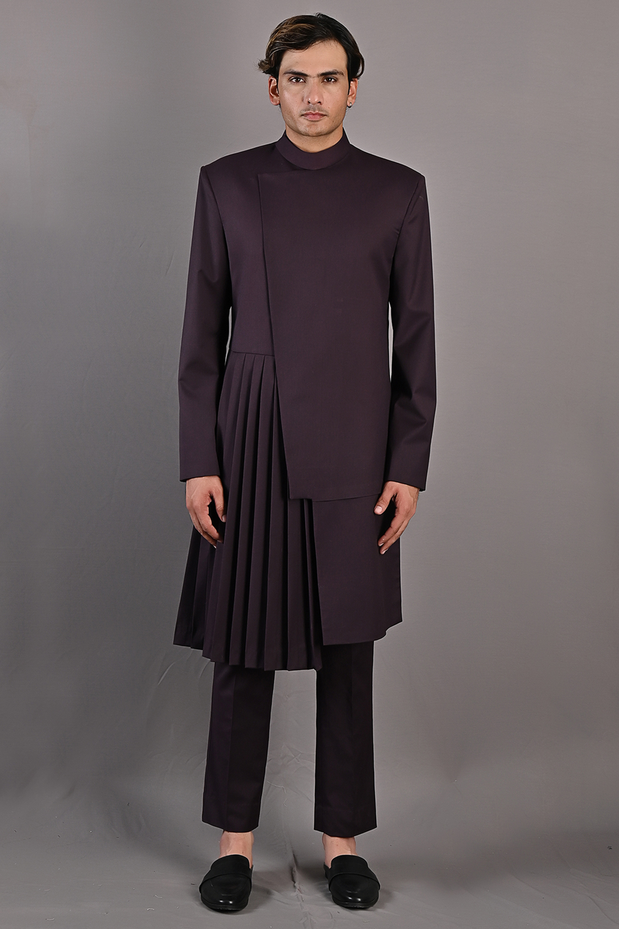 Wine Terry Wool Indo Western Jacket Set by Bohame Men