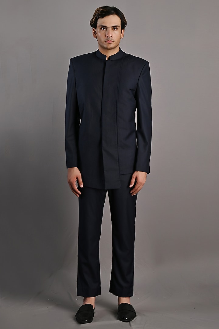 Navy Blue Terry Wool Wedding Bandhgala Set by Bohame Men at Pernia's Pop Up Shop