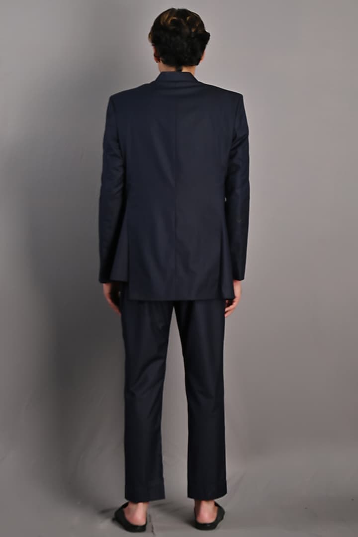 Navy Blue Terry Wool Wedding Bandhgala Set by Bohame Men at Pernia's Pop Up Shop
