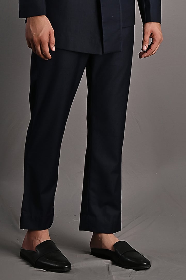 Navy Blue Terry Wool Wedding Bandhgala Set by Bohame Men at Pernia's Pop Up Shop