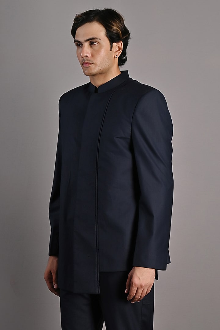 Navy Blue Terry Wool Wedding Bandhgala Set by Bohame Men at Pernia's Pop Up Shop