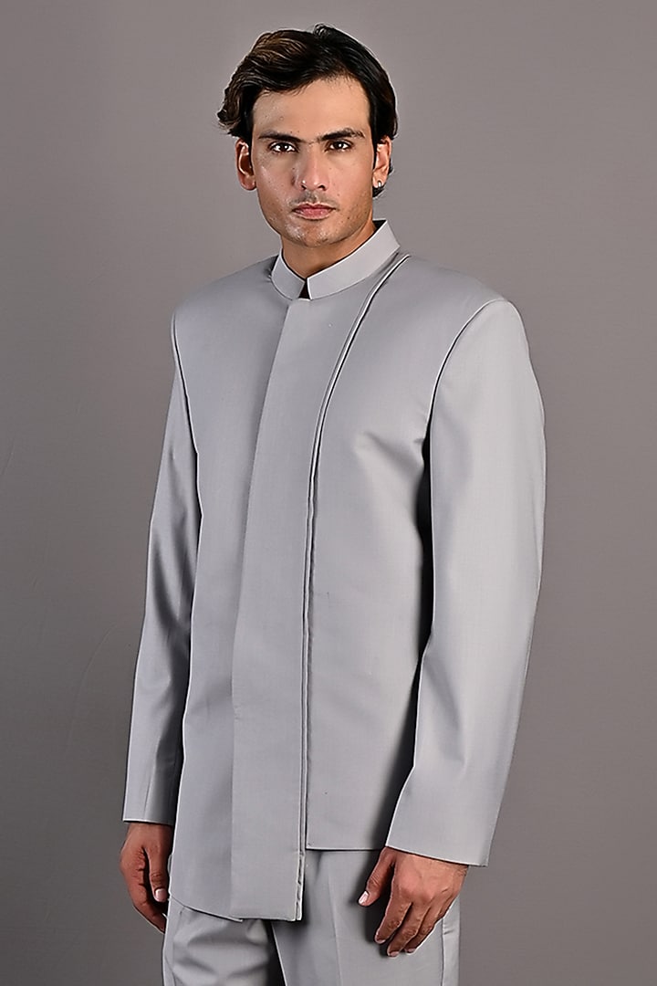 Grey Terry Wool Wedding Bandhgala Set by Bohame Men at Pernia's Pop Up Shop