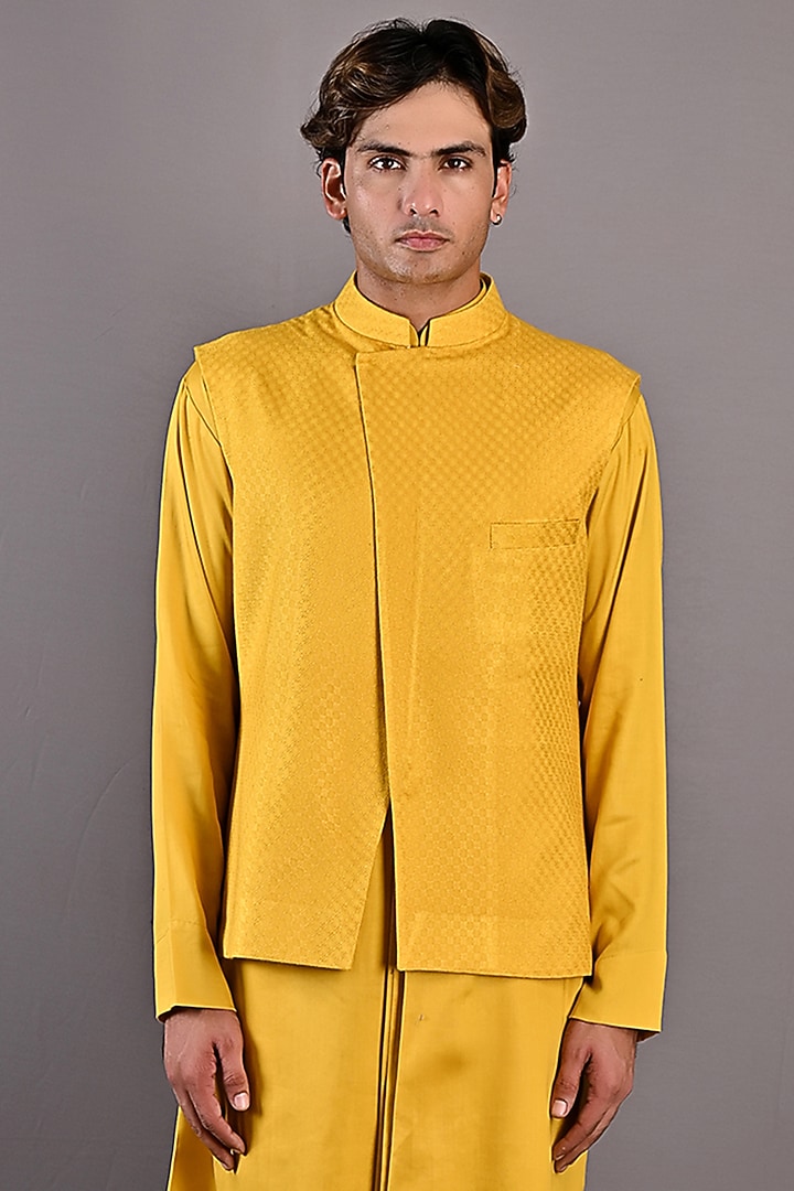 Mustard Texture Nehru Jacket Set by Bohame Men at Pernia's Pop Up Shop