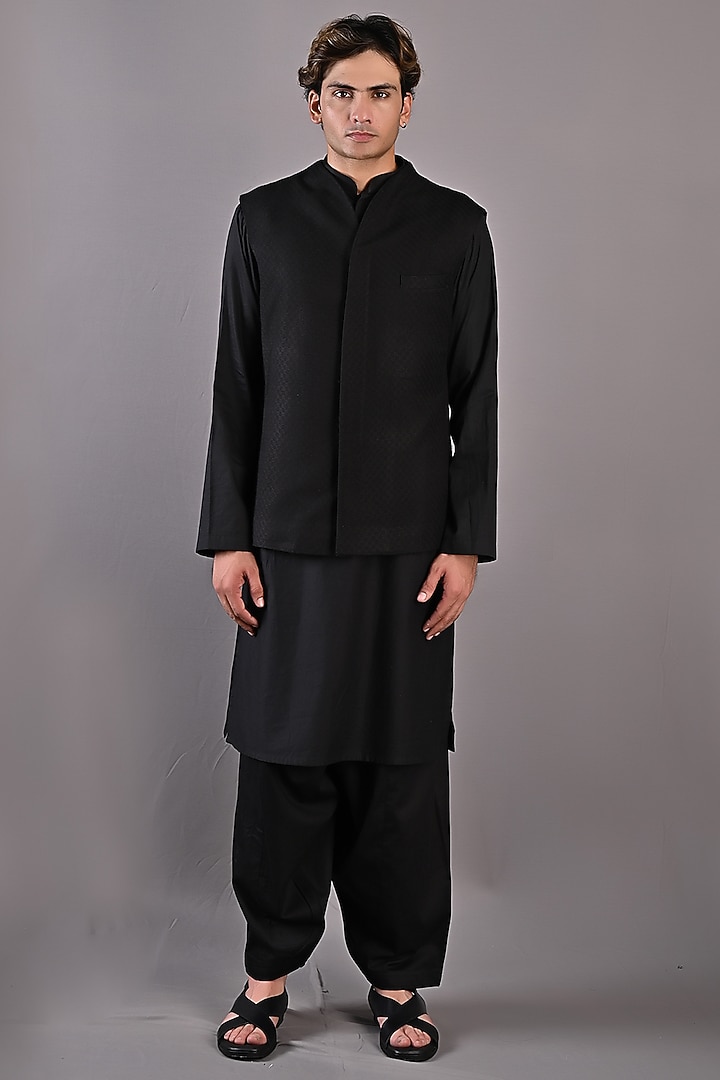 Black Textured Fabric Nehru Jacket Set by Bohame Men at Pernia's Pop Up Shop