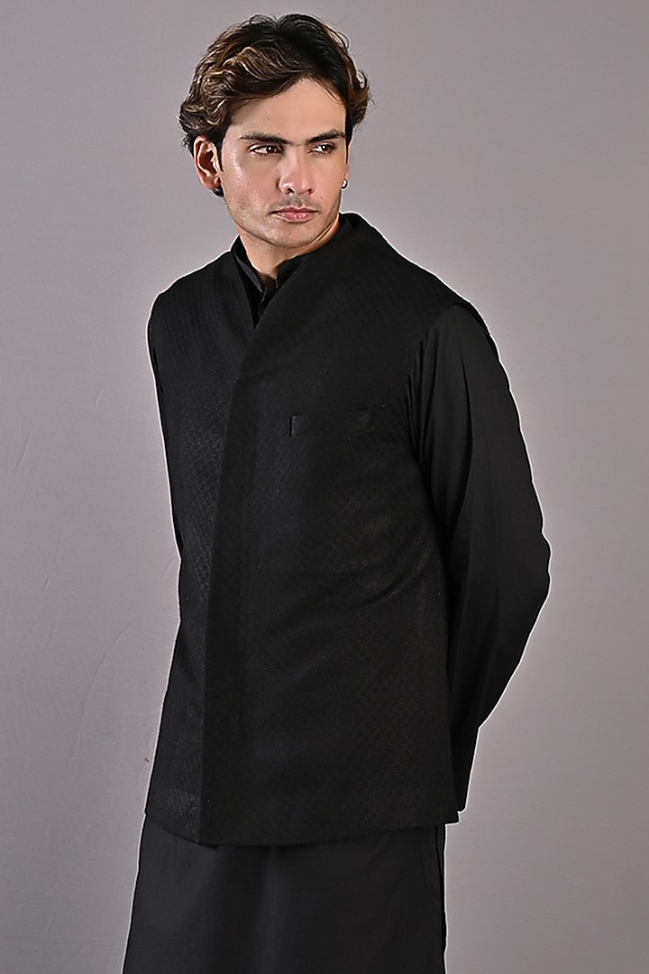 Black Textured Fabric Nehru Jacket Set by Bohame Men at Pernia's Pop Up Shop