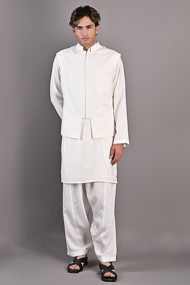 Off-White Textured Nehru Jacket Set by Bohame Men at Pernia's Pop Up Shop