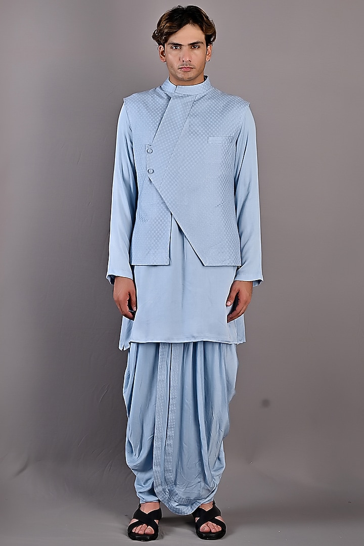 Light Blue Textured Fabric Nehru Jacket Set by Bohame Men at Pernia's Pop Up Shop