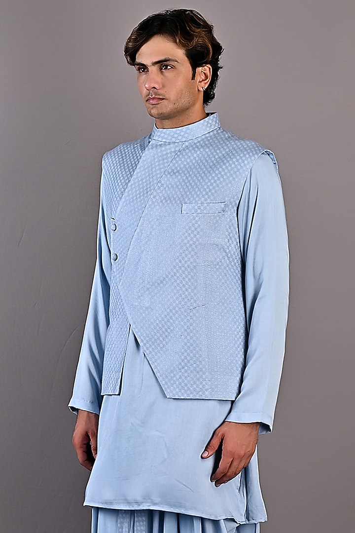Light Blue Textured Fabric Nehru Jacket Set by Bohame Men at Pernia's Pop Up Shop