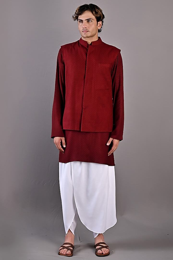Maroon Textured Fabric Nehru Jacket Set by Bohame Men at Pernia's Pop Up Shop