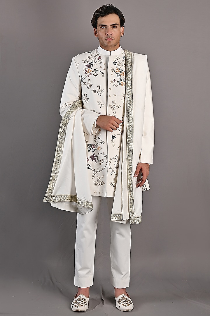 Off-White Embroidered Sherwani Set by Bohame Men