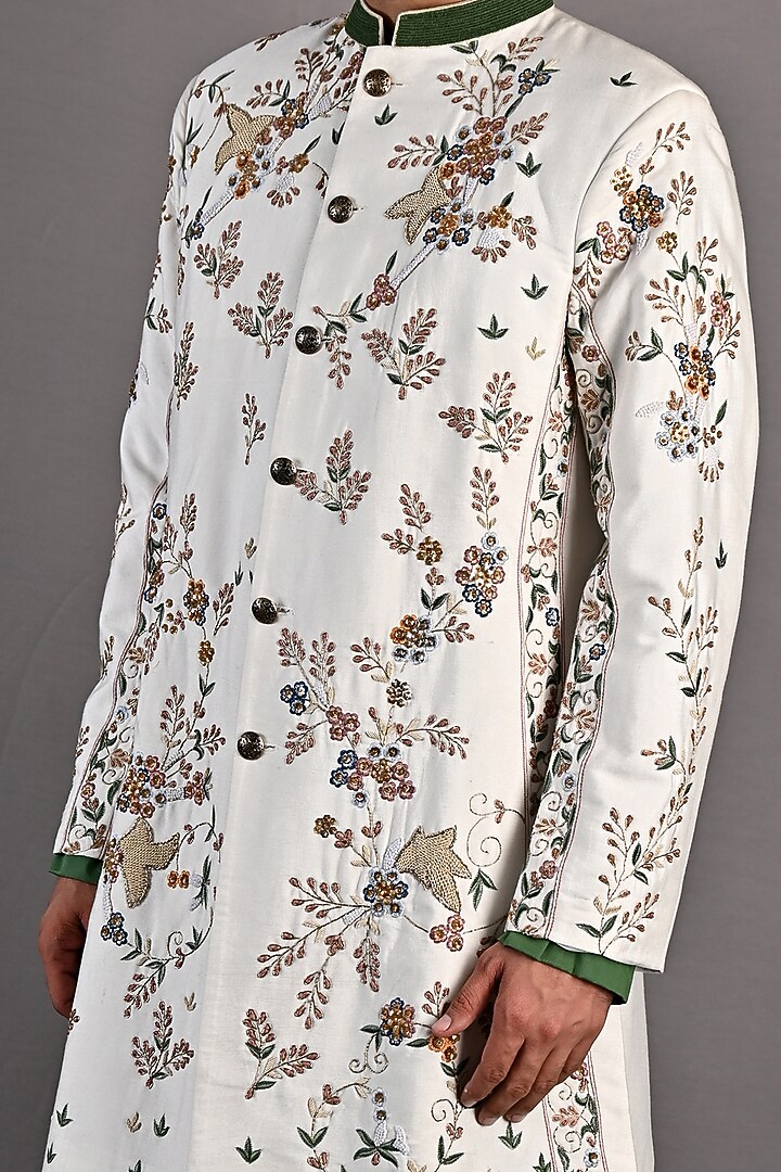 Off-White Hand Embroidered Wedding Sherwani Set by Bohame Men at Pernia's Pop Up Shop