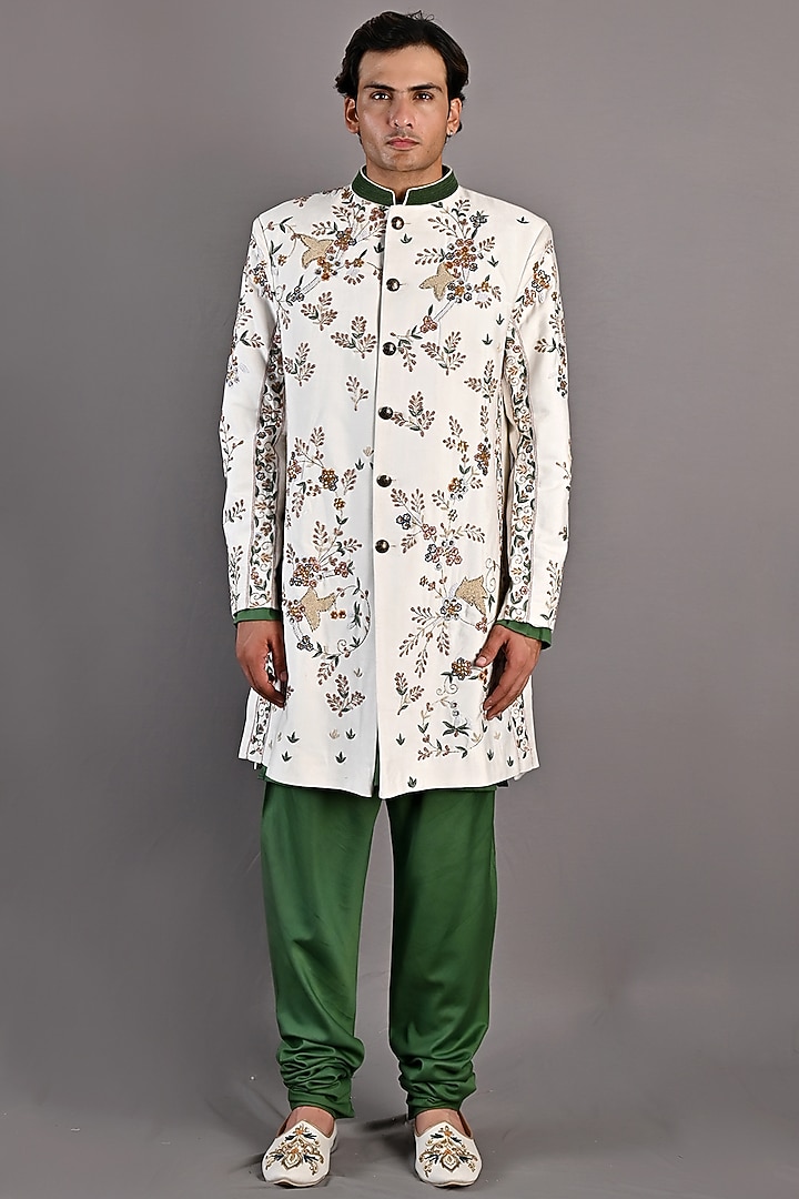 Off-White Hand Embroidered Wedding Sherwani Set by Bohame Men at Pernia's Pop Up Shop