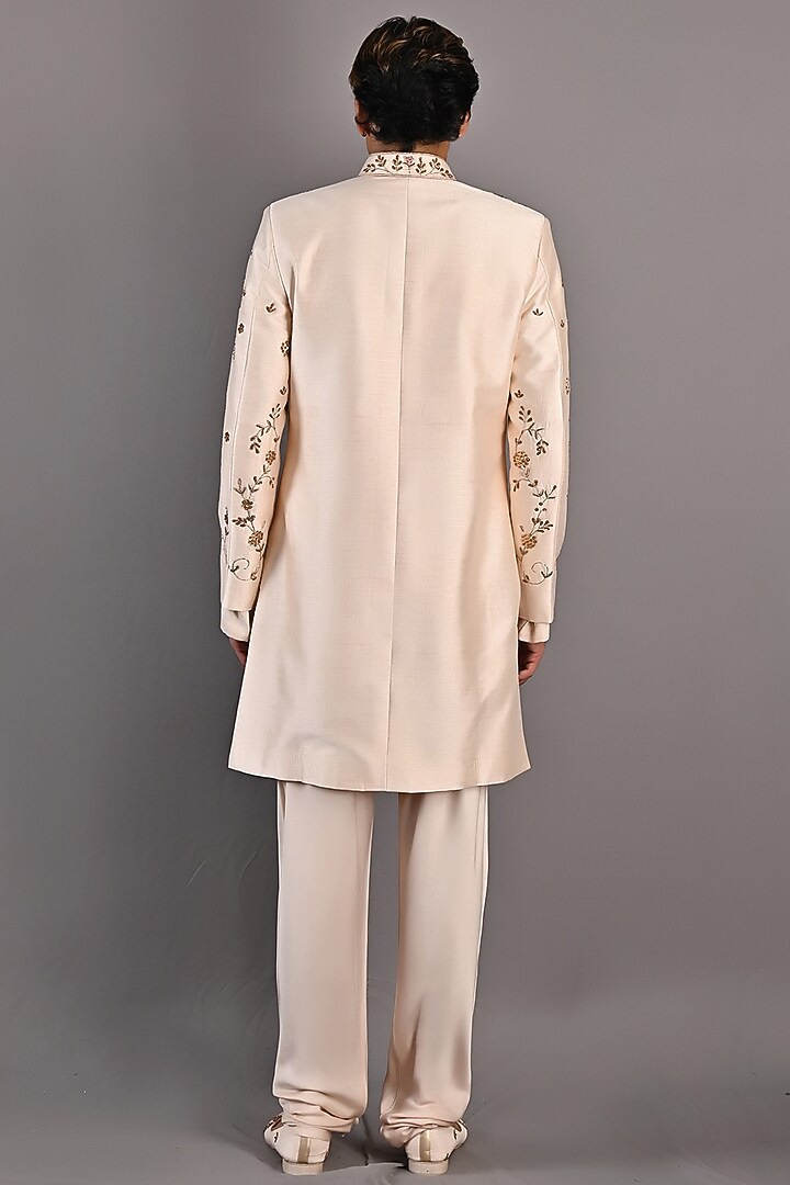 Peach Dupion Silk Hand Embroidered Wedding Sherwani Set by Bohame Men at Pernia's Pop Up Shop
