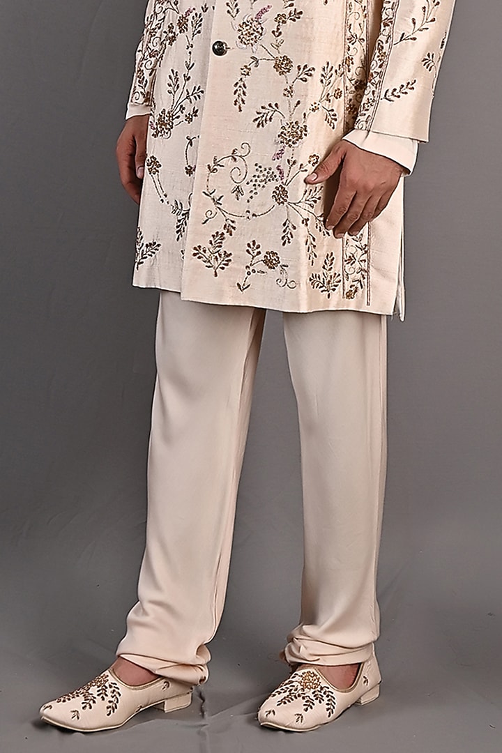 Peach Dupion Silk Hand Embroidered Wedding Sherwani Set by Bohame Men at Pernia's Pop Up Shop