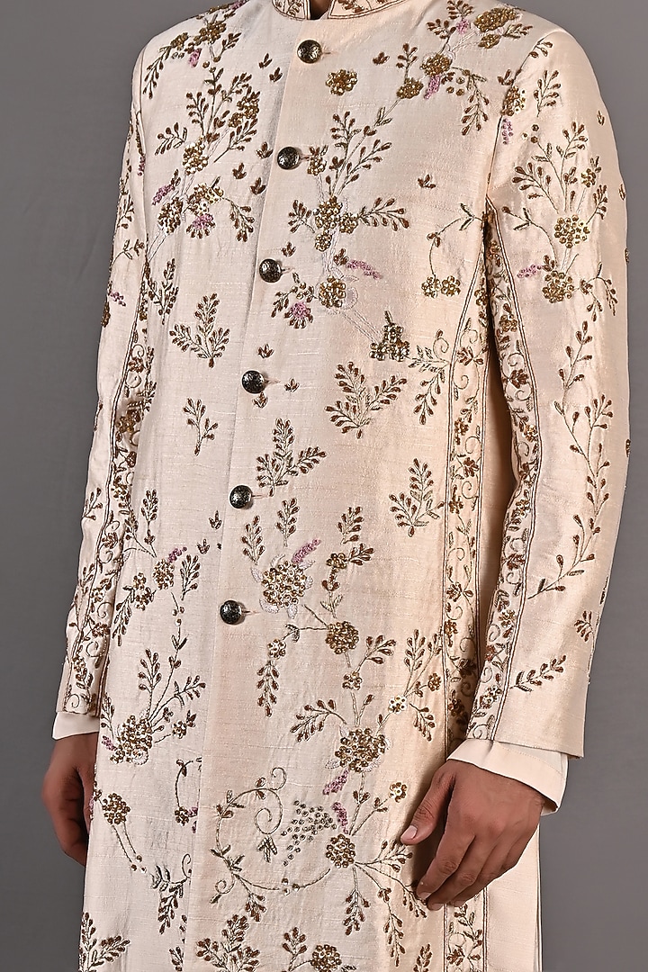 Peach Dupion Silk Hand Embroidered Wedding Sherwani Set by Bohame Men at Pernia's Pop Up Shop