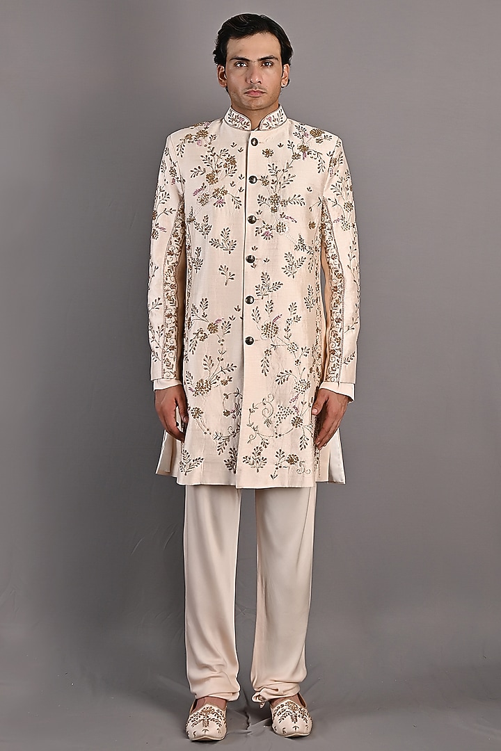 Peach Dupion Silk Hand Embroidered Wedding Sherwani Set by Bohame Men at Pernia's Pop Up Shop