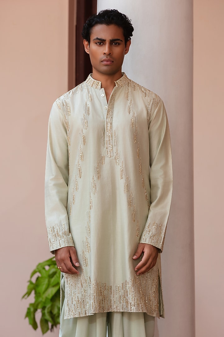 Sage Green Chanderi Kurta Set by Bohame Men at Pernia's Pop Up Shop