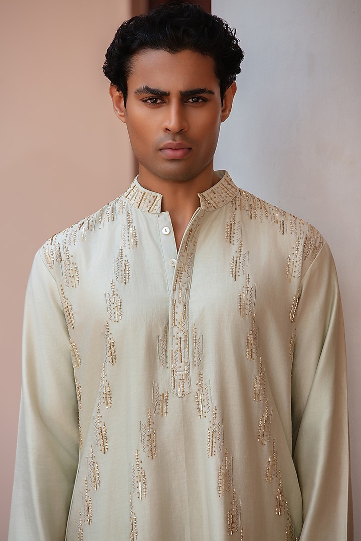 Sage Green Chanderi Kurta Set by Bohame Men at Pernia's Pop Up Shop
