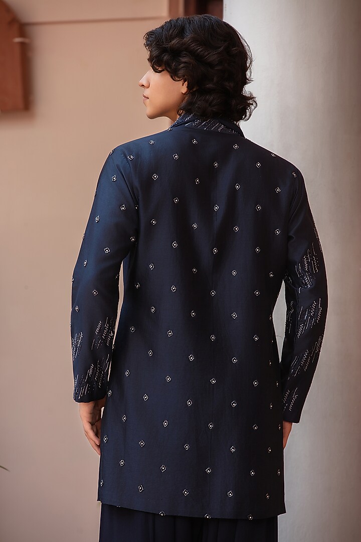Navy Blue Chanderi Kurta Set by Bohame Men at Pernia's Pop Up Shop
