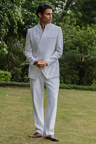Off-White Wool Suiting Bandhgala Set by Bohame Men