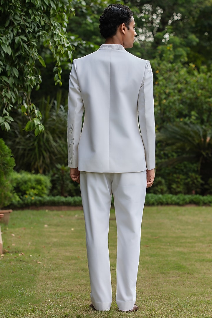 Off-White Wool Suiting Wedding Bandhgala Set by Bohame Men at Pernia's Pop Up Shop