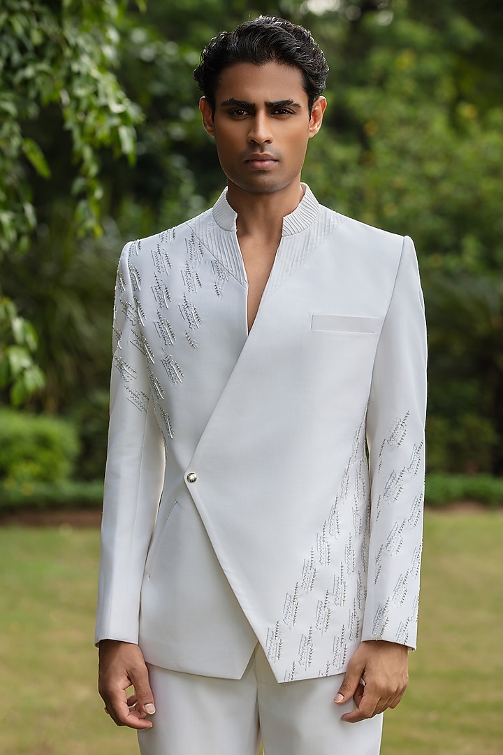 Off-White Wool Suiting Wedding Bandhgala Set by Bohame Men at Pernia's Pop Up Shop