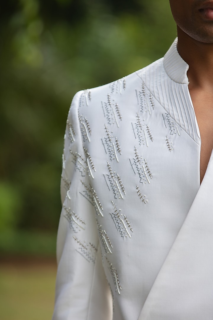 Off-White Wool Suiting Wedding Bandhgala Set by Bohame Men at Pernia's Pop Up Shop