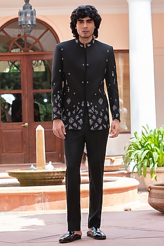 Black Wool Suiting Bandhgala Set by Bohame Men