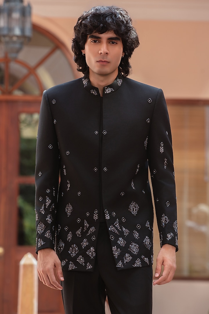 Black Wool Suiting Wedding Bandhgala Set by Bohame Men at Pernia's Pop Up Shop