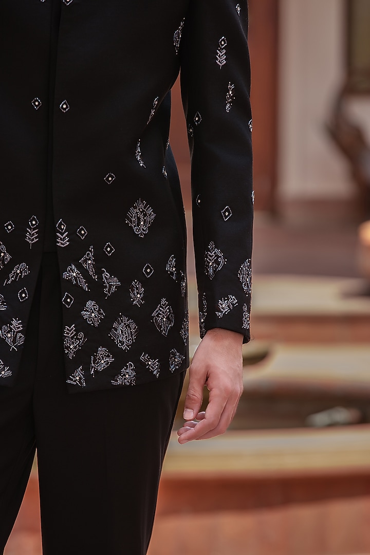 Black Wool Suiting Wedding Bandhgala Set by Bohame Men at Pernia's Pop Up Shop
