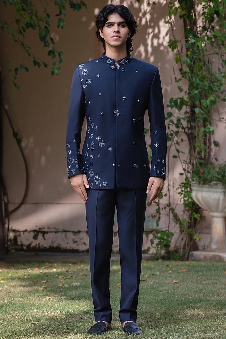 Navy Blue Wool Suiting Wedding Bandhgala Set by Bohame Men at Pernia's Pop Up Shop