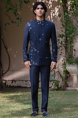 Navy Blue Wool Suiting Bandhgala Set by Bohame Men