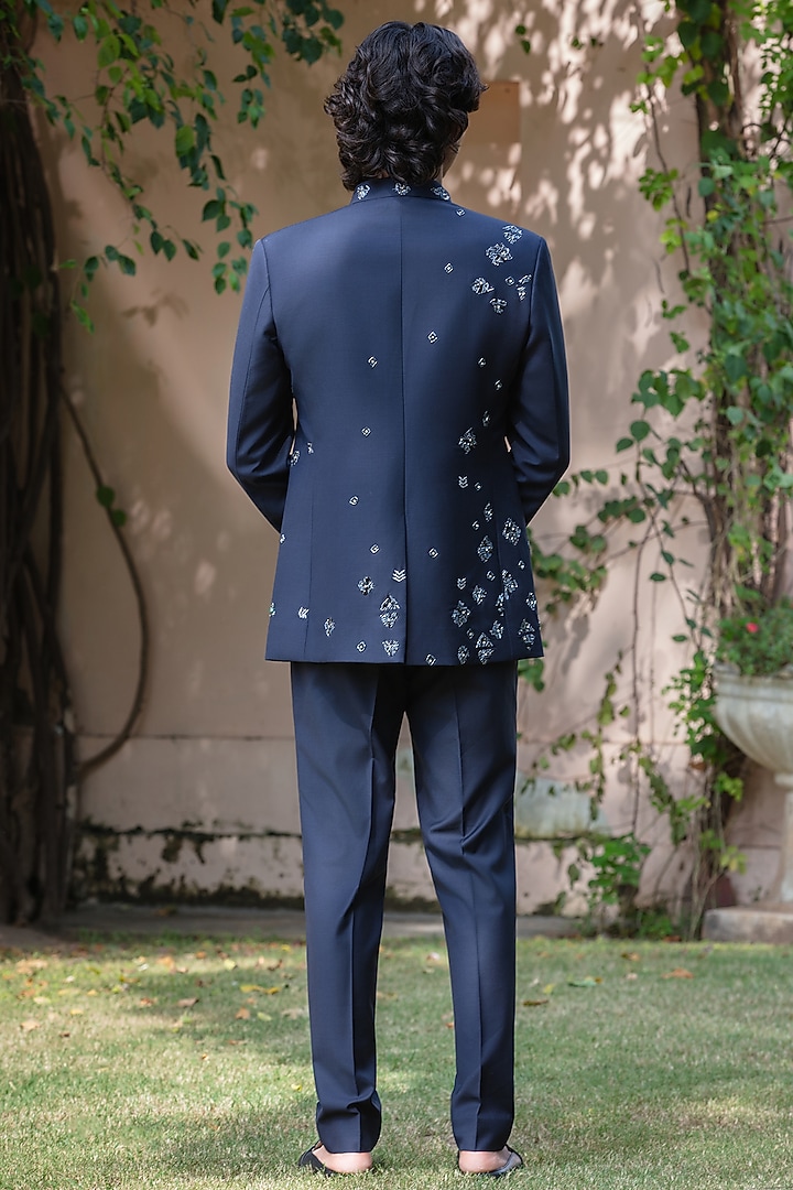 Navy Blue Wool Suiting Wedding Bandhgala Set by Bohame Men at Pernia's Pop Up Shop
