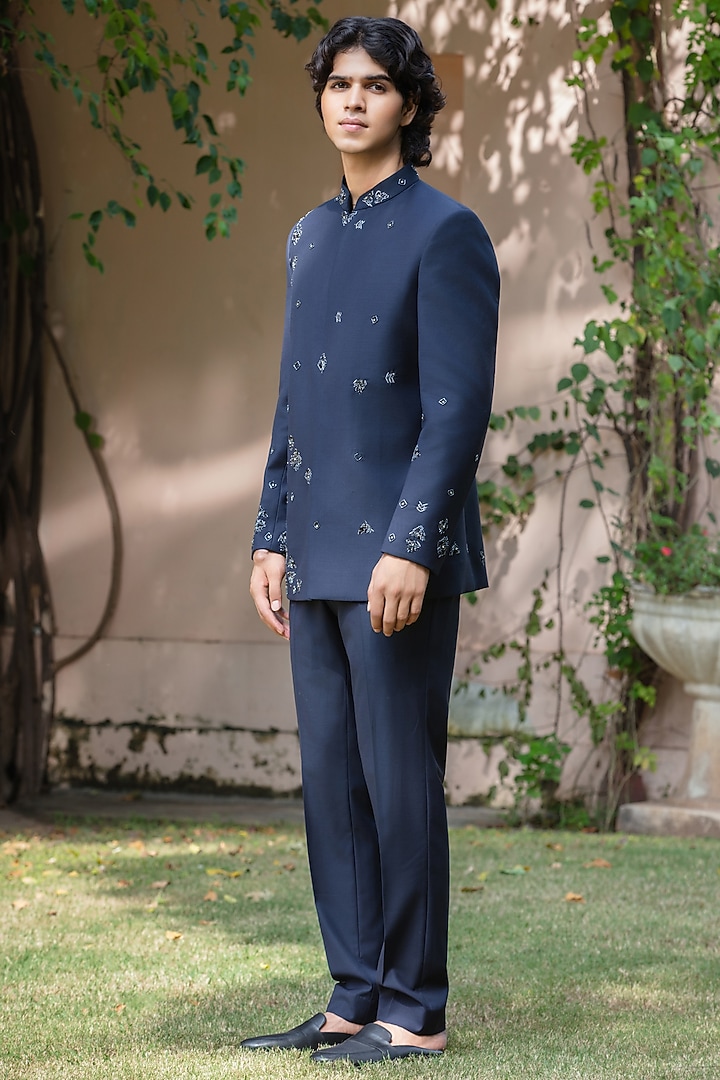 Navy Blue Wool Suiting Wedding Bandhgala Set by Bohame Men at Pernia's Pop Up Shop