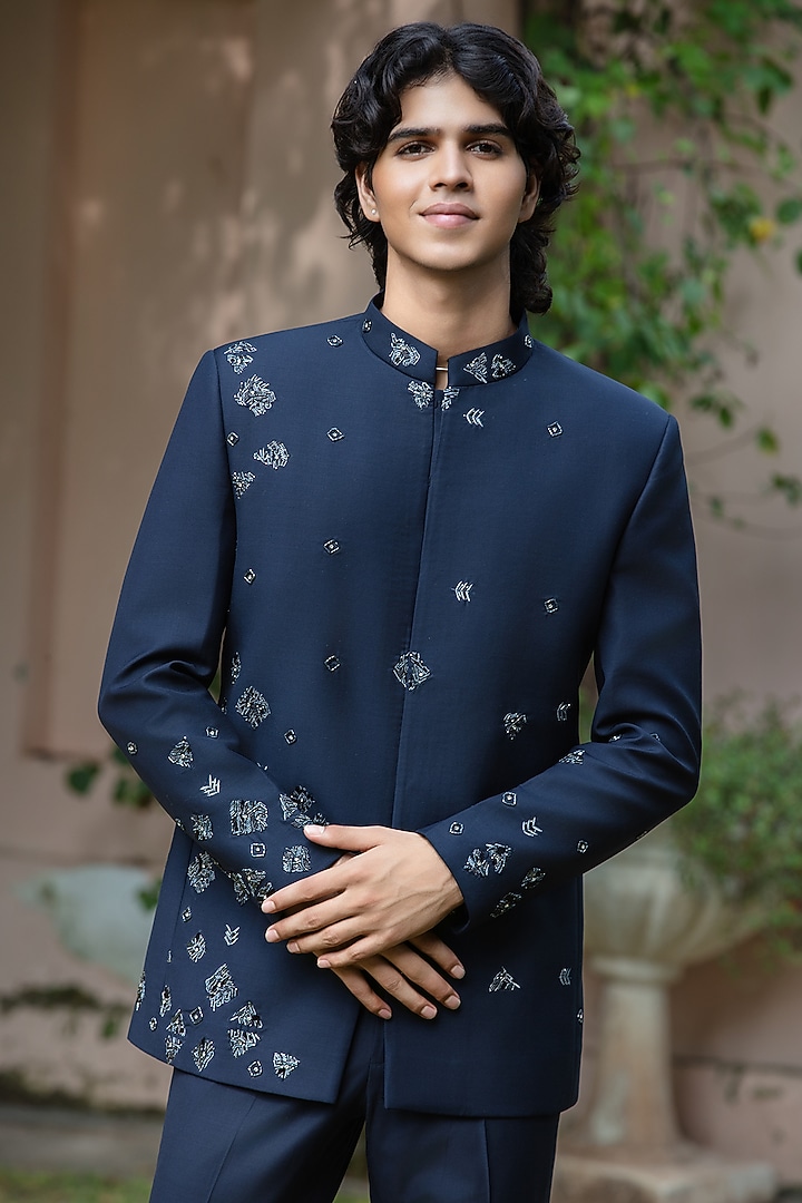 Navy Blue Wool Suiting Wedding Bandhgala Set by Bohame Men at Pernia's Pop Up Shop