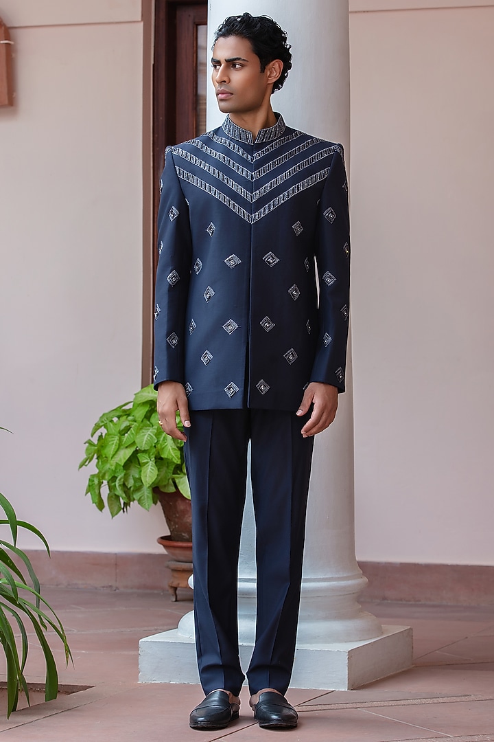 Navy Blue Wool Suiting Wedding Bandhgala Set by Bohame Men at Pernia's Pop Up Shop