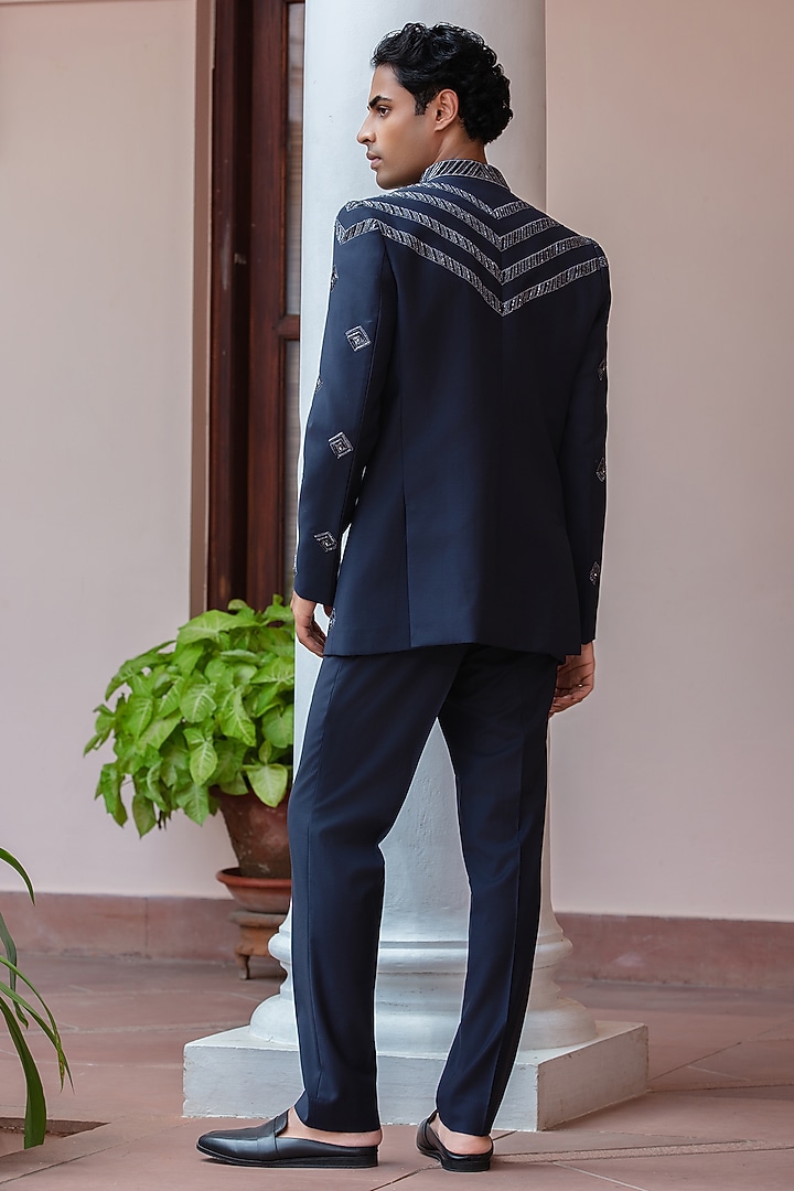 Navy Blue Wool Suiting Wedding Bandhgala Set by Bohame Men at Pernia's Pop Up Shop