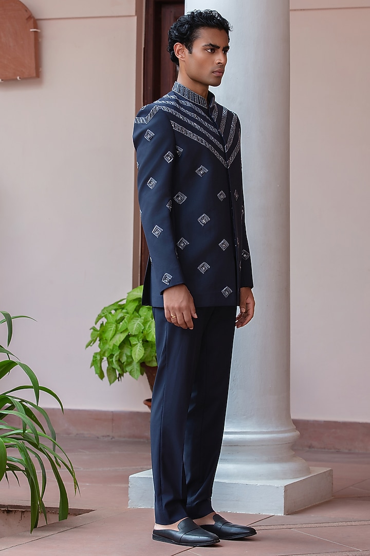 Navy Blue Wool Suiting Wedding Bandhgala Set by Bohame Men at Pernia's Pop Up Shop