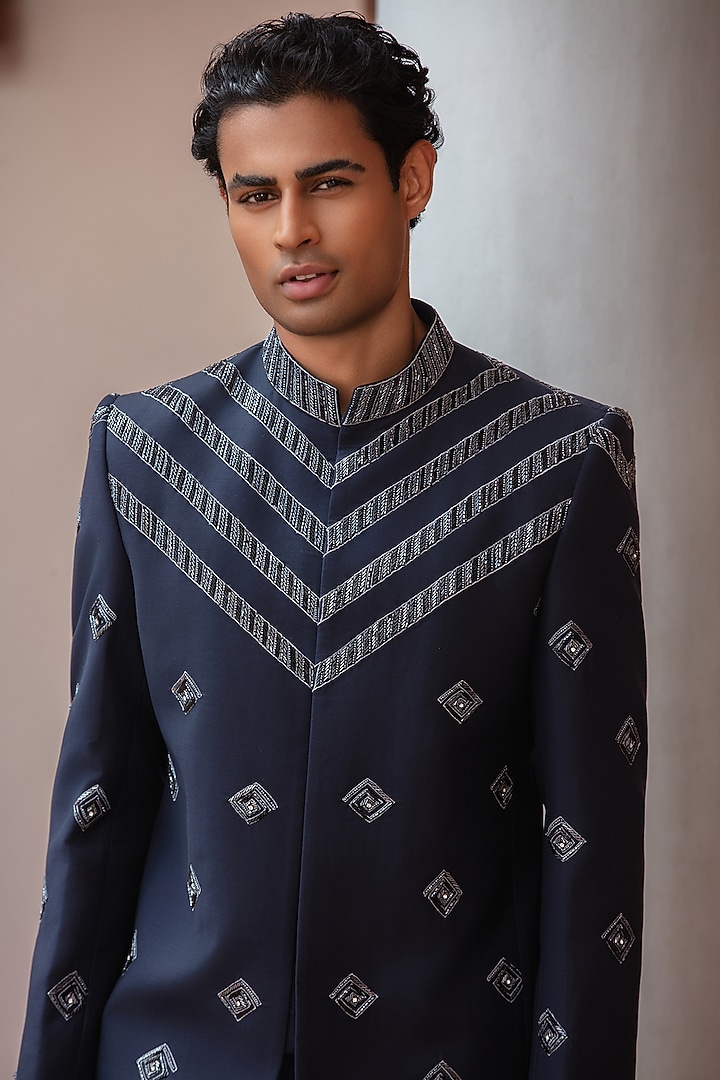 Navy Blue Wool Suiting Wedding Bandhgala Set by Bohame Men at Pernia's Pop Up Shop