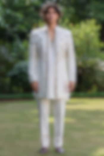 Off-White Tussar Wedding Indowestern Set by Bohame Men at Pernia's Pop Up Shop