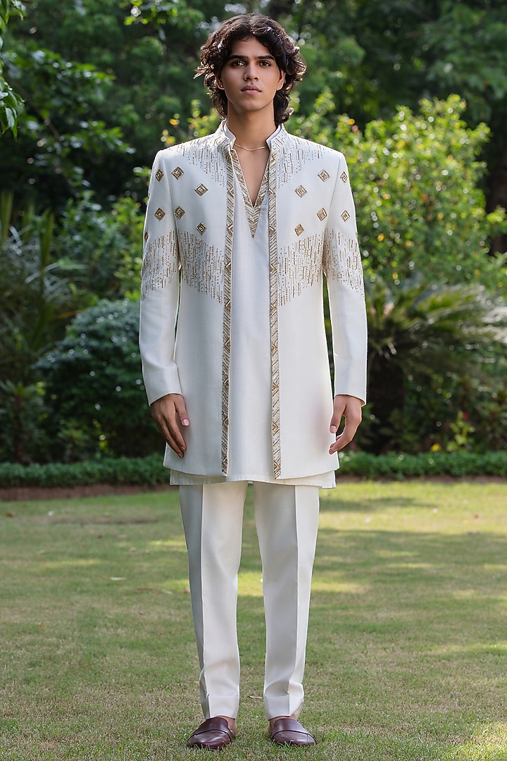 Off-White Tussar Wedding Indowestern Set by Bohame Men at Pernia's Pop Up Shop